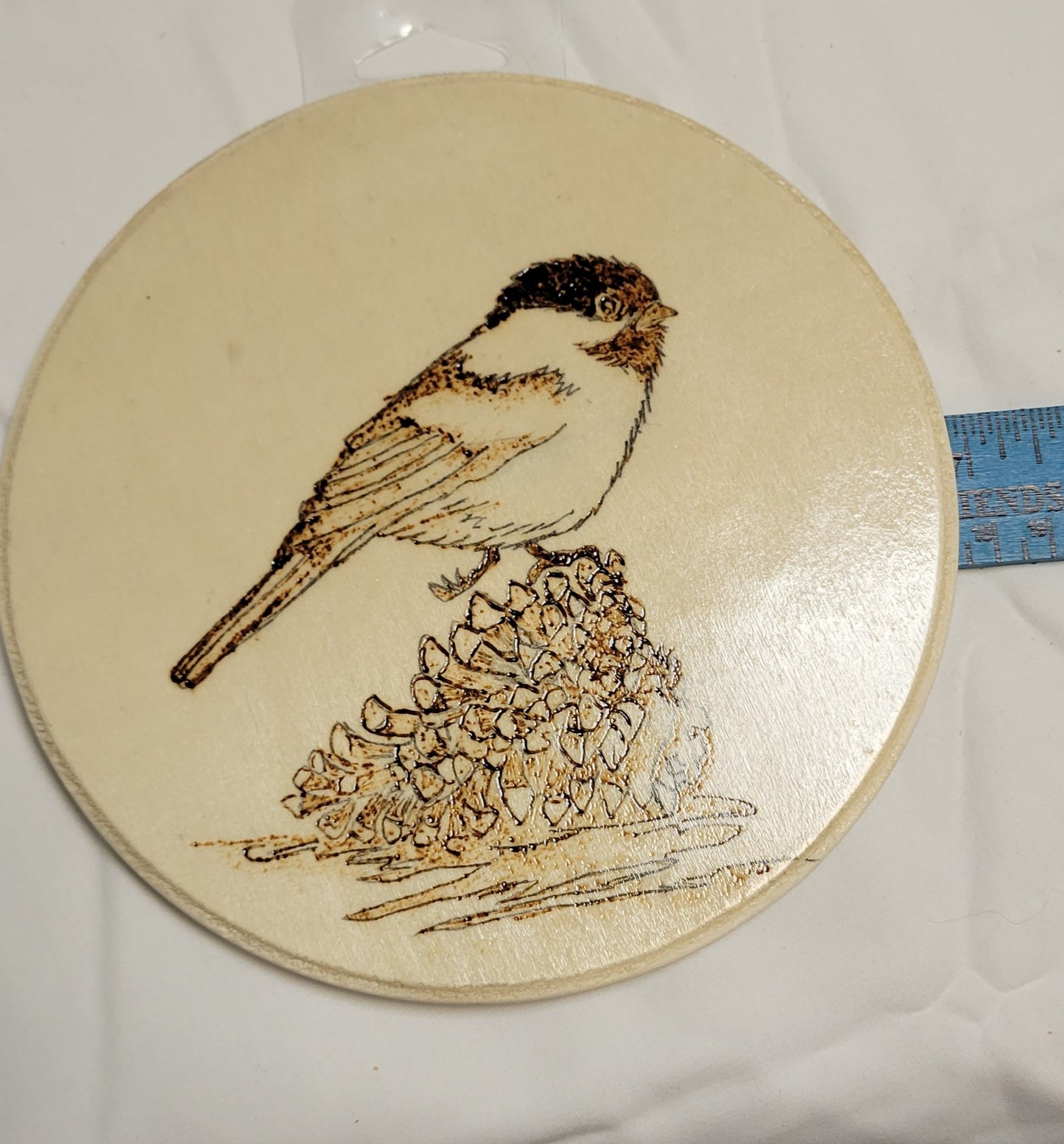 Art Hand Pyrography Black Capped Chickadee on Pine Cone one of a kind signed by artist original wood burning.
