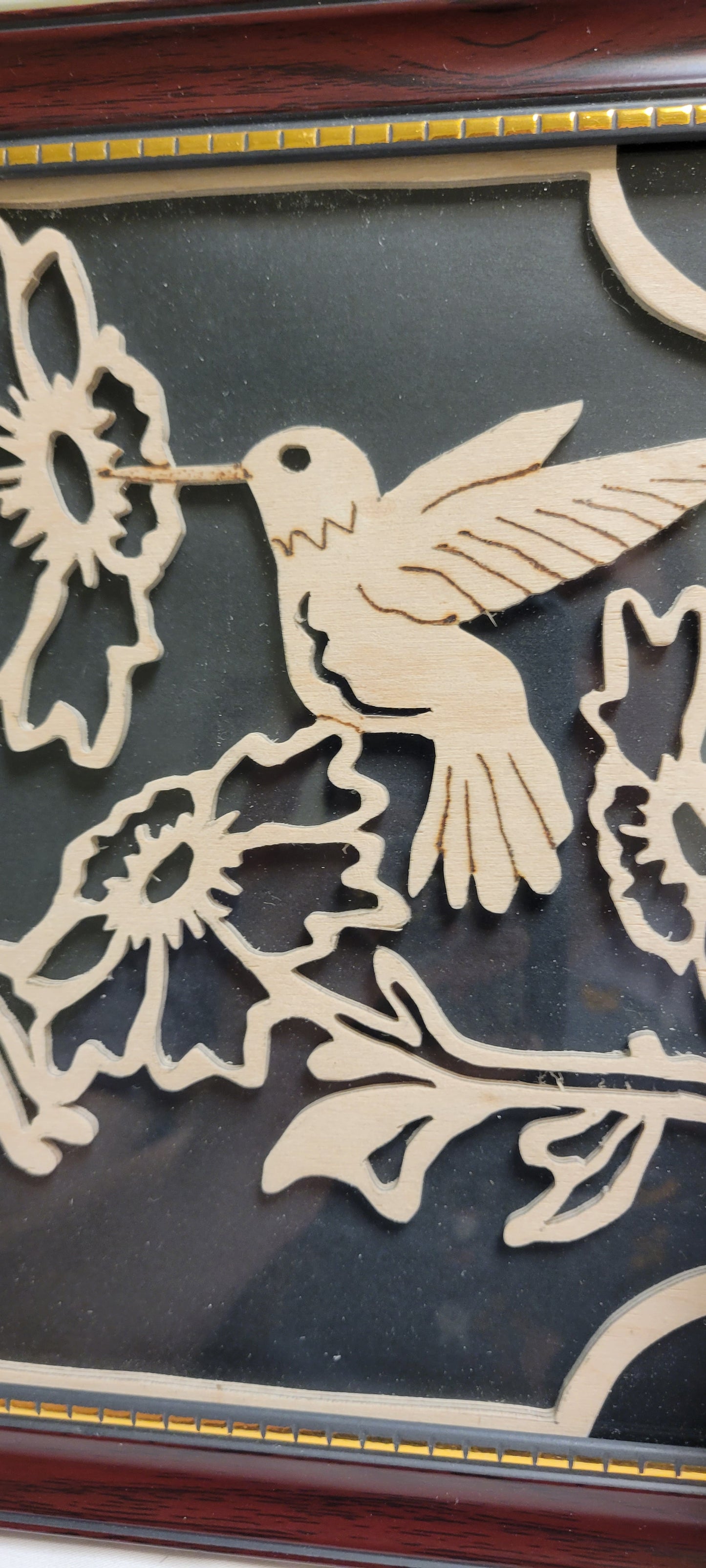 Art Scroll cut w/ Pyrography Hummingbird in Flower Framed