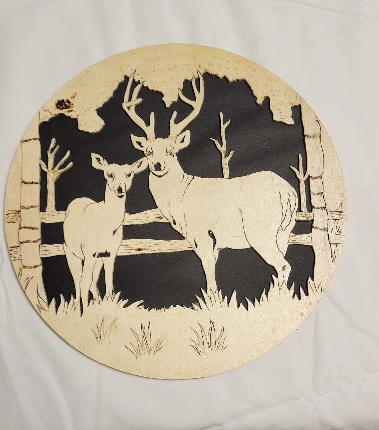 Art Scroll cut w/ Pyrography Buck and Doe on Fence line