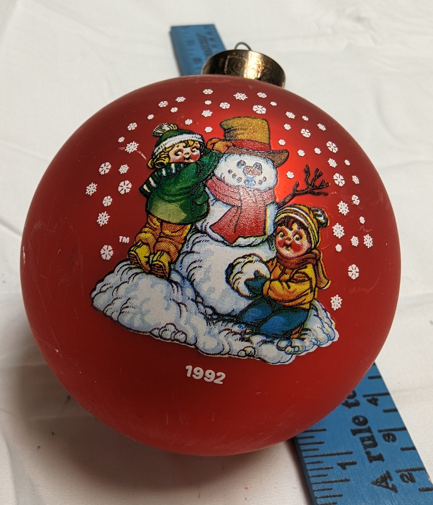 Ornament Christmas Ball Red Painted children and snowman Dated 1992