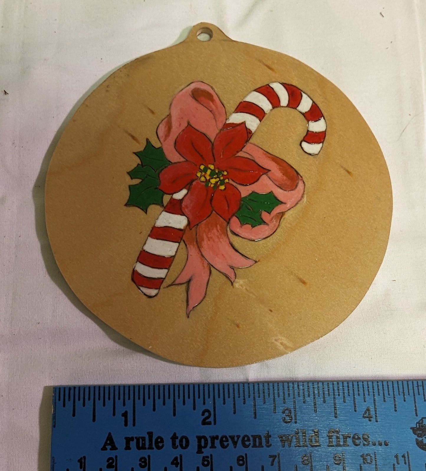 Art Christmas Vintage Hand Painted Pyrography Candy Cane on wood