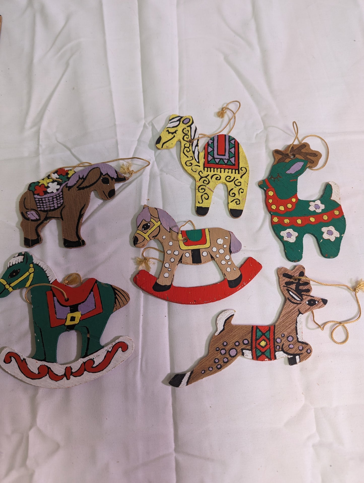 Christmas Ornaments Vintage Animals Hand Painted Front and Back om plywood Set of 6