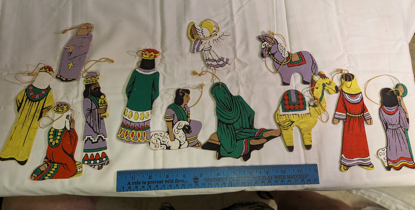 Christmas Ornaments Vintage Nativity Scene Hand Painted Front and Back on plywood Set of 12