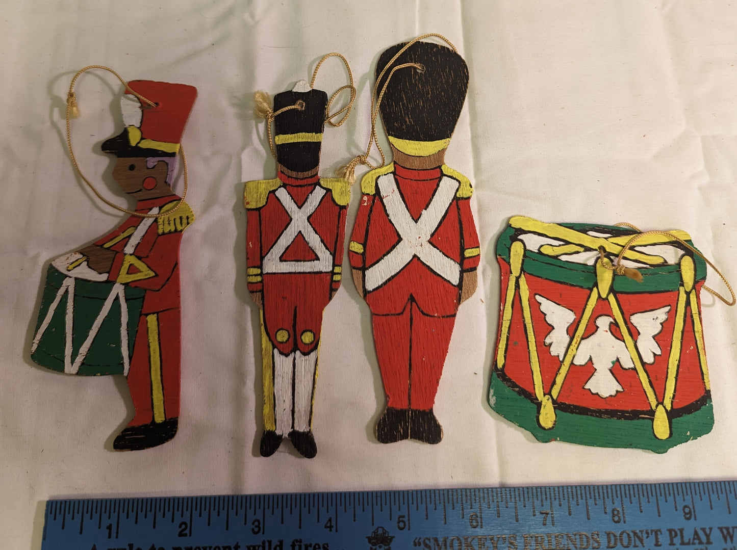 Christmas Ornament Vintage Nutcracker Drum Hand Painted Front and Back on plywood Set of 4