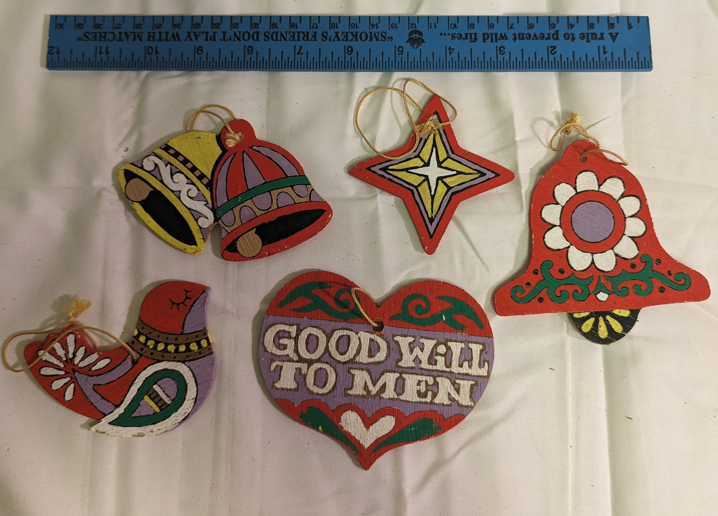 Christmas Ornament Vintage Peace on Earth Hand Painted Front and Back on Plywood Set of 5