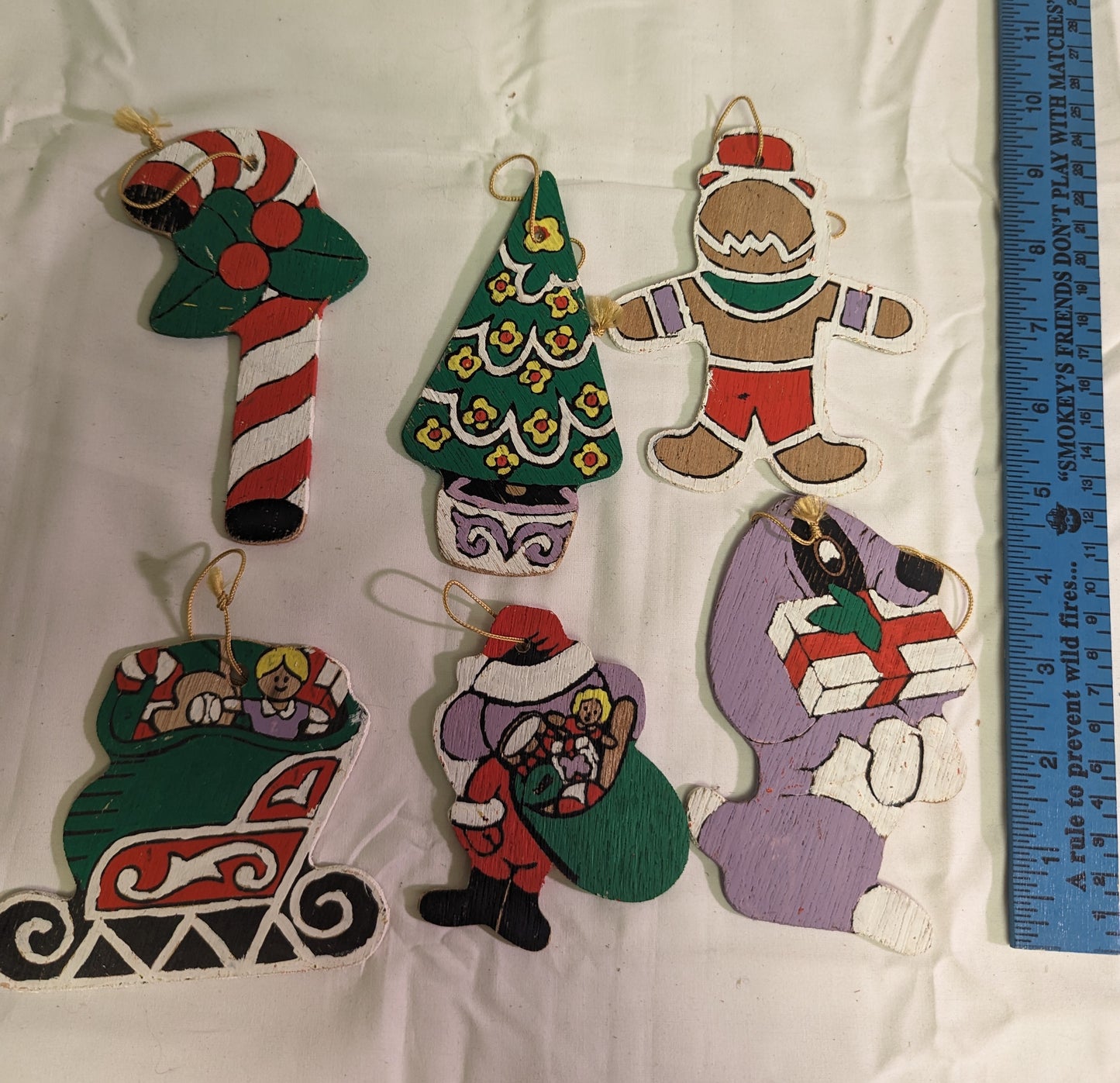 Christmas Ornaments Vintage Christmas Tree Hand Painted Front and Back on plywood Set of 6