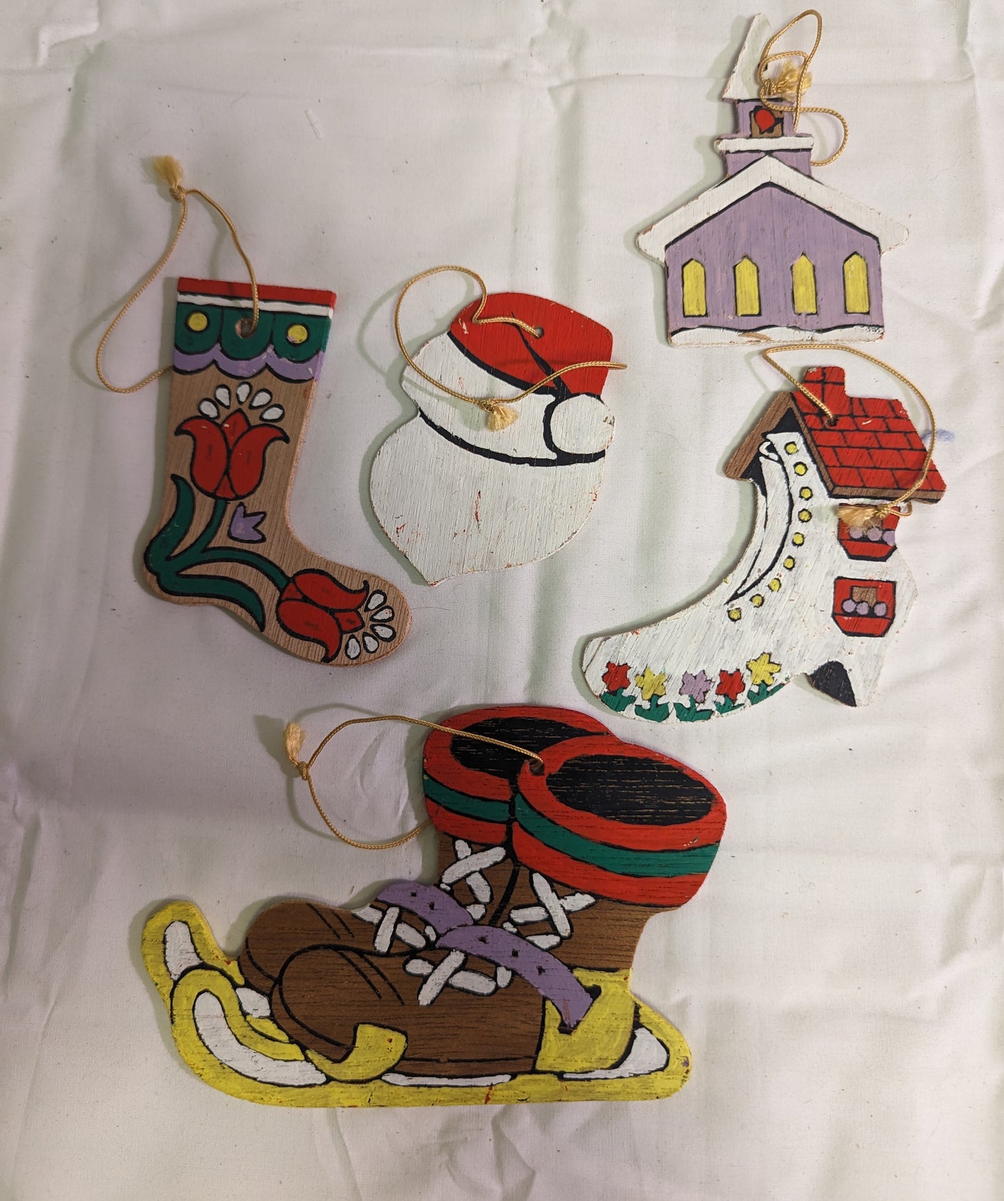 Christmas Ornaments Vintage Santa Church Stocking Hand Painted Front and Back on plywood Set of 5