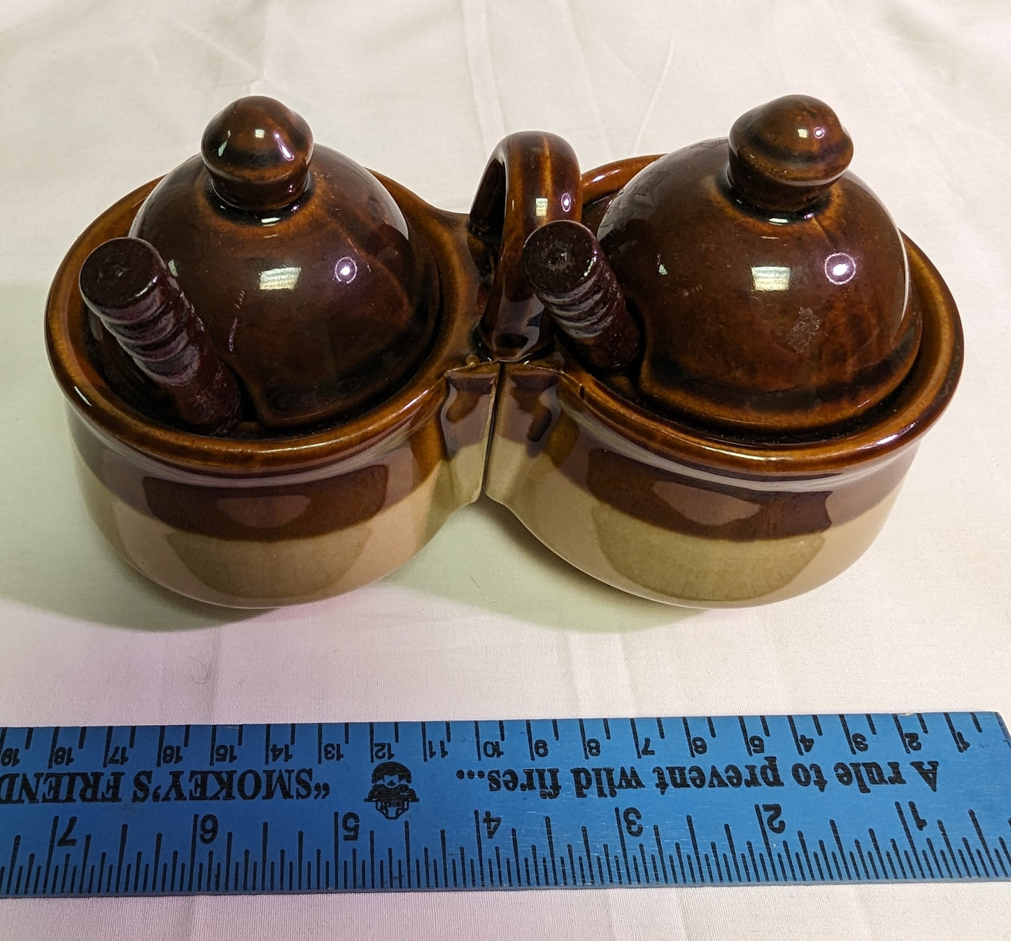 Condiment Set Vintage Houston Foods Tan and Brown Pottery Two crocks with spoons and lids.