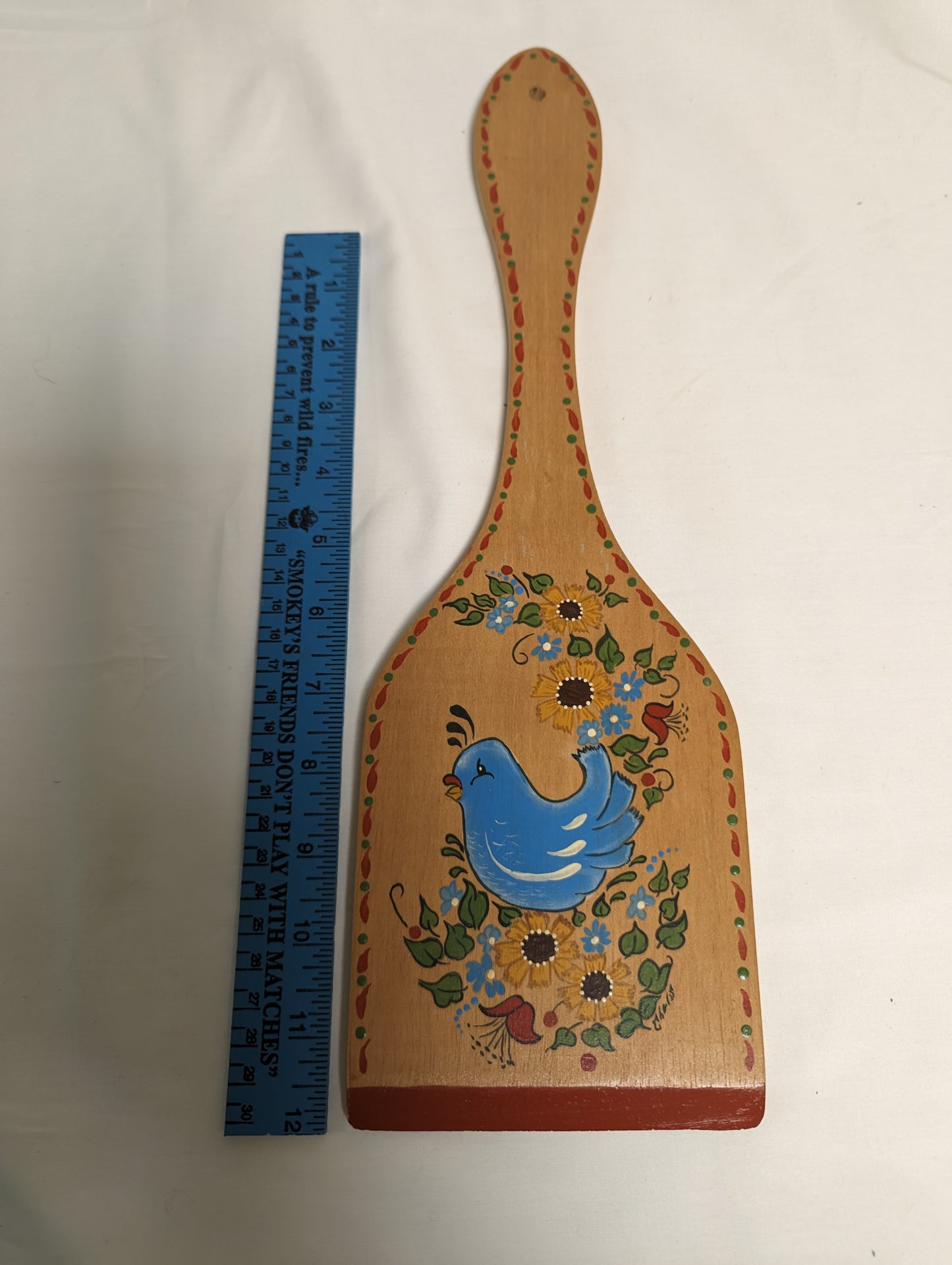 Art Original Autographed Folk Art Spatula Bluebird Flowers Decorative Spatula