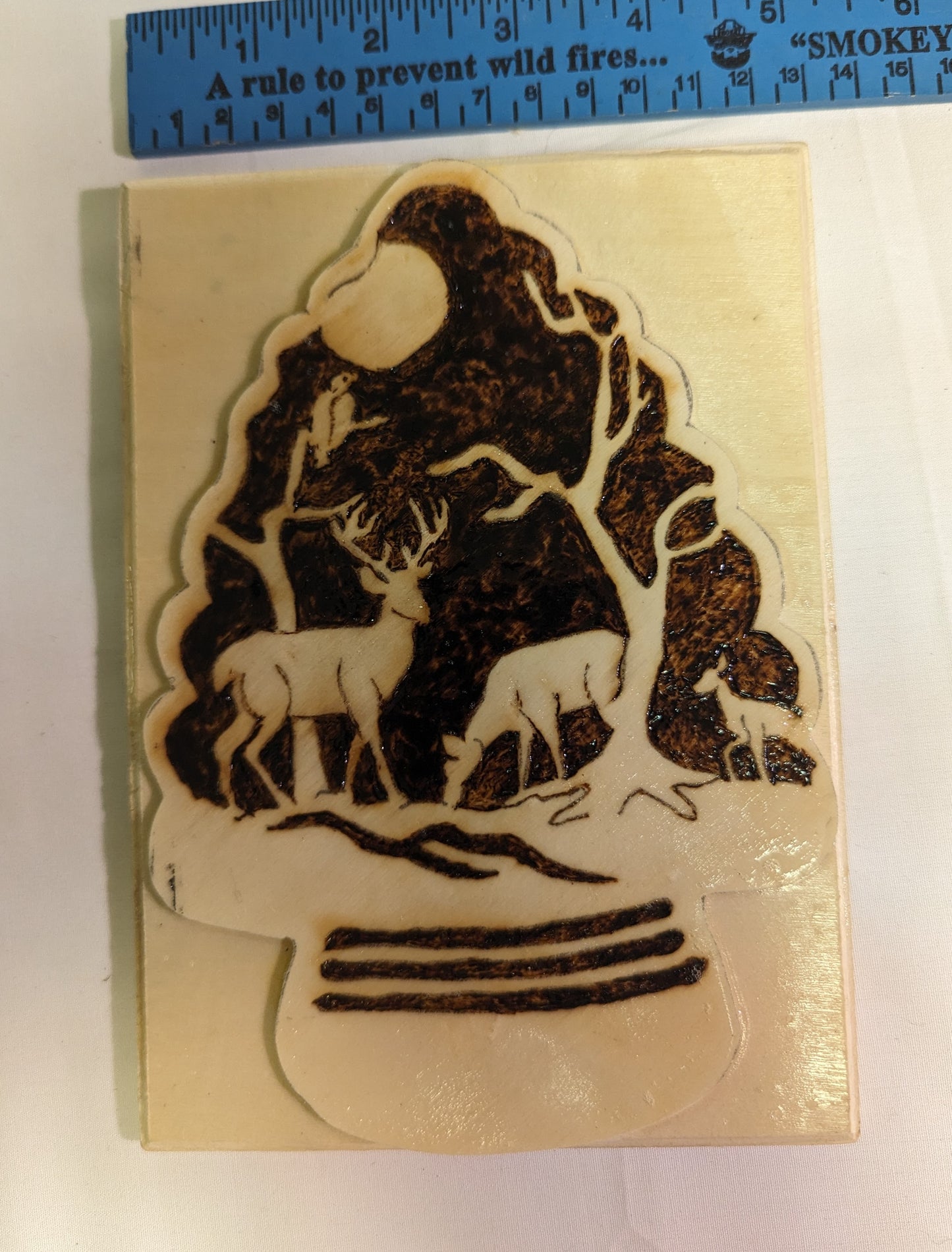 Art Pyrography Night Forrest Scene Deer and Buzzard Full Moon burned on Arrow Shape