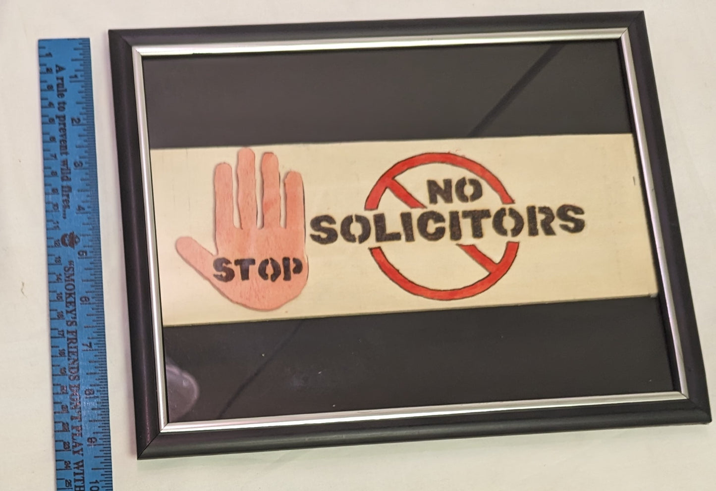 Art Sign Front Door No Solicitors Stop under glass in Frame,