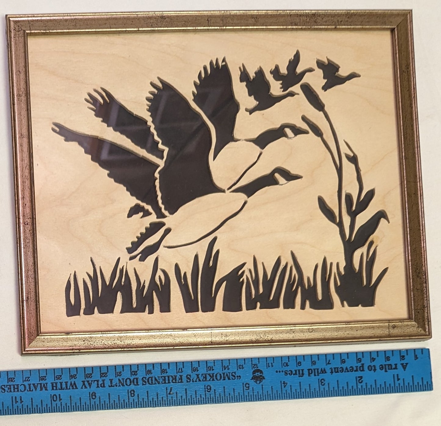 Art Scroll Hand Sawed Canadian Geese in Flight heavy wood in frame and glass