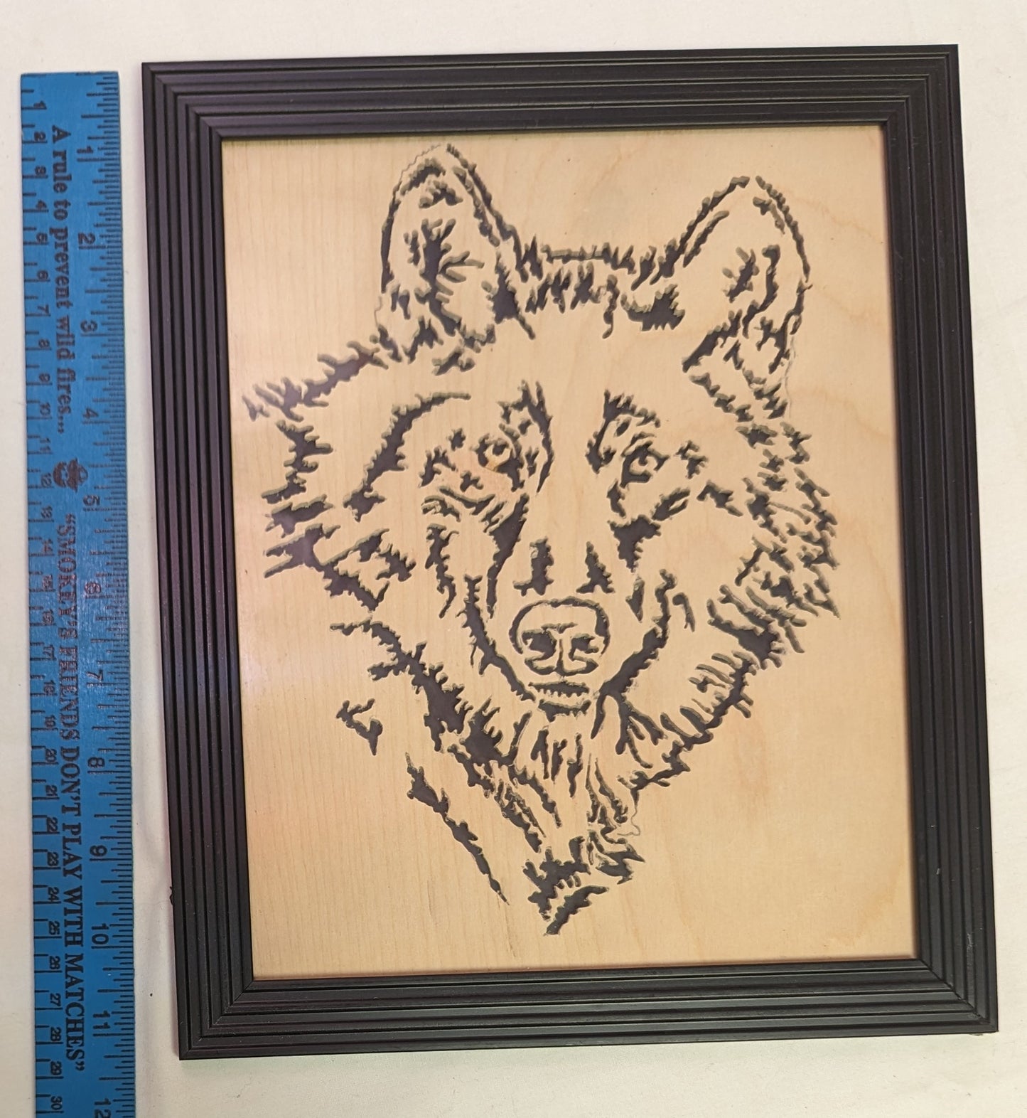 Art Scroll Sawed by Hand Wolf Head on wood in Frame