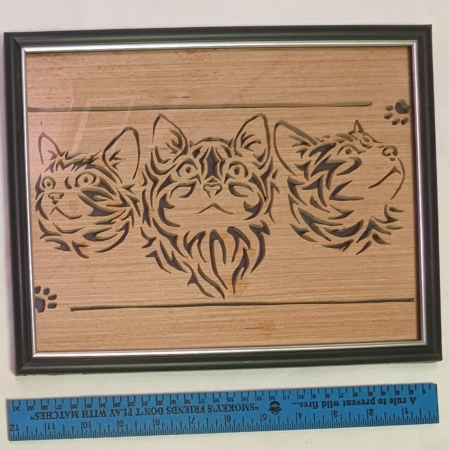 Art Scroll Saw Hand Cut out Three Kittens on wood in frame under glass
