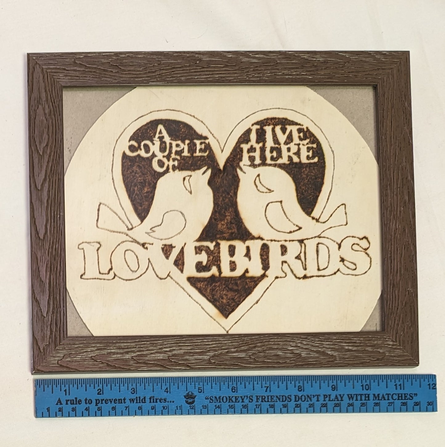 Art Pyrography on Wood Sign A couple of Lovebirds Live Here in Frame under Glass