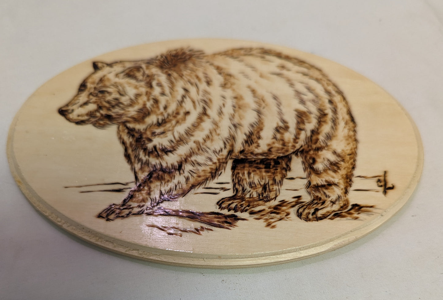 Art Pyrography on Oval Wood Big Bear Autographed