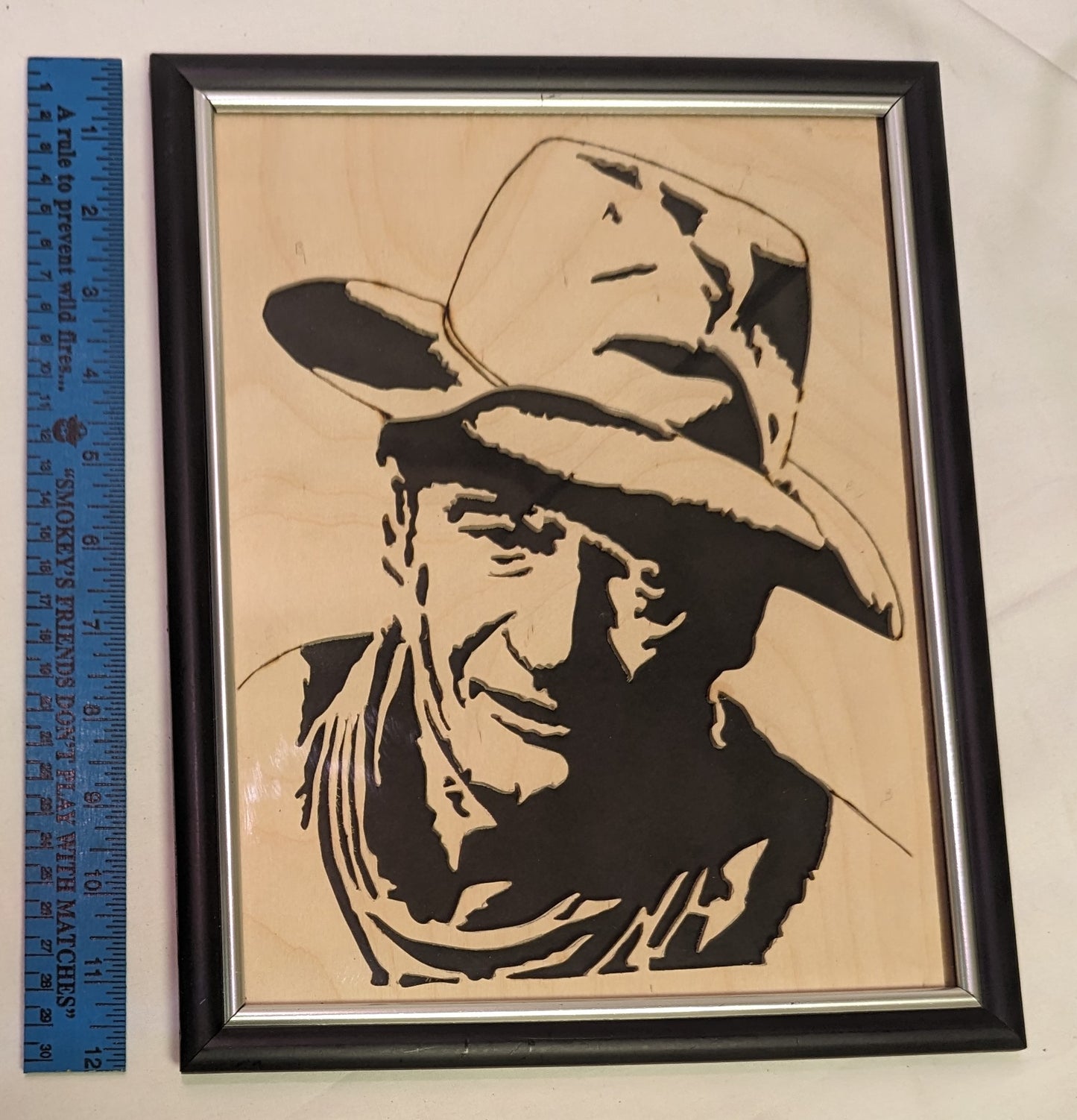 Art Scroll Saw on wood caricature The Duke John Wayne in frame under glass