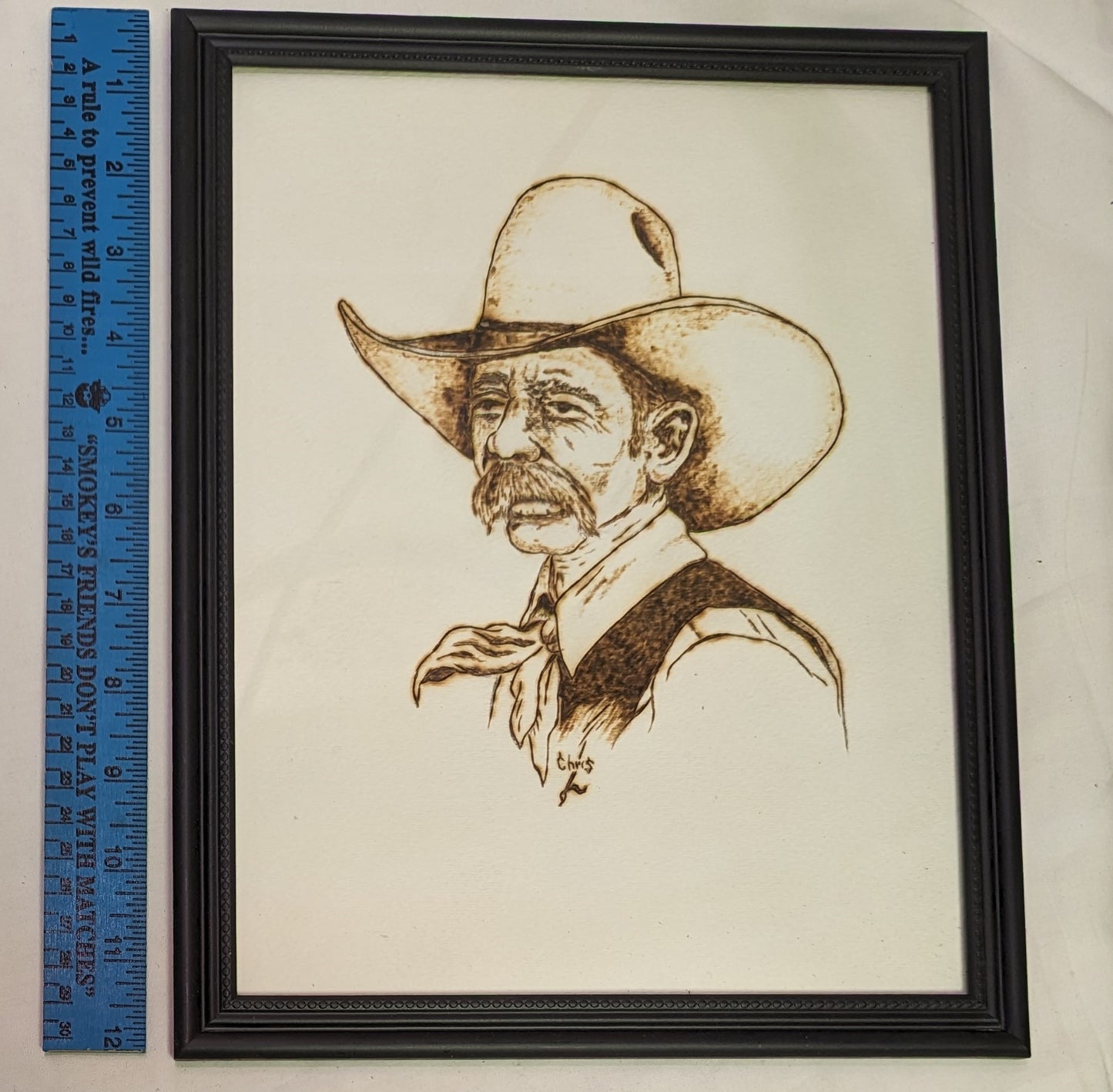 Art Pyrography on wood Caricature Cowboy in frame under glass
