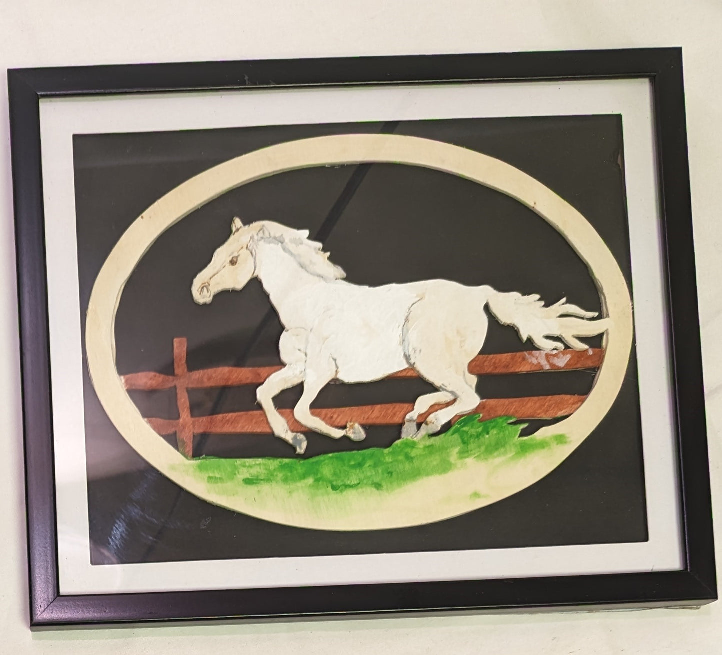 Art Scroll Saw colored on oval wood " Horse Gallop" in fram under glass
