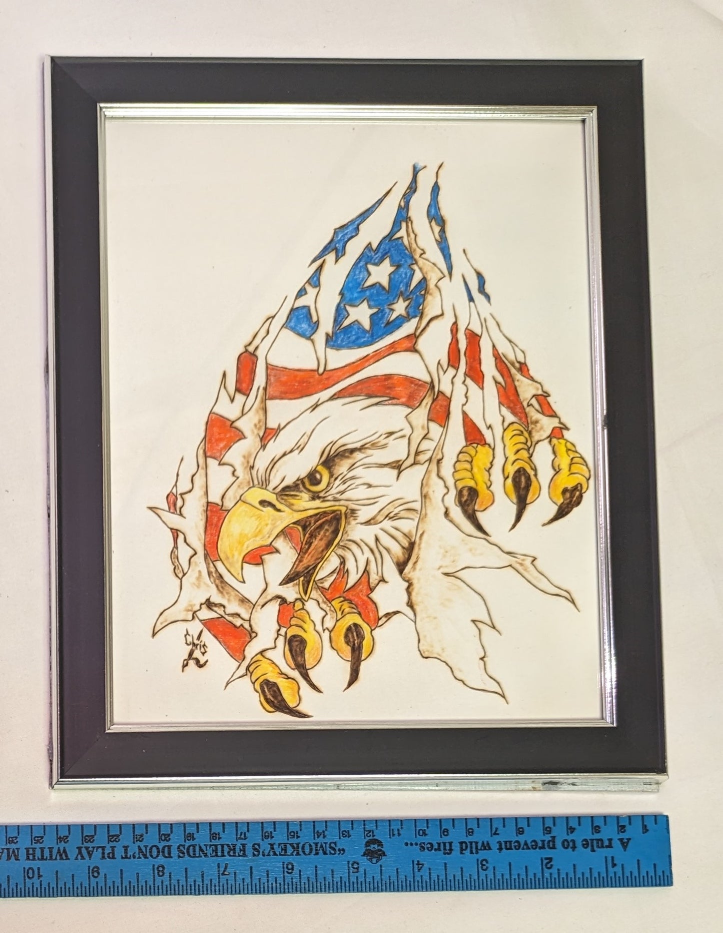Art Pyrography on colored wood Eagle and American Flag in frame under glass