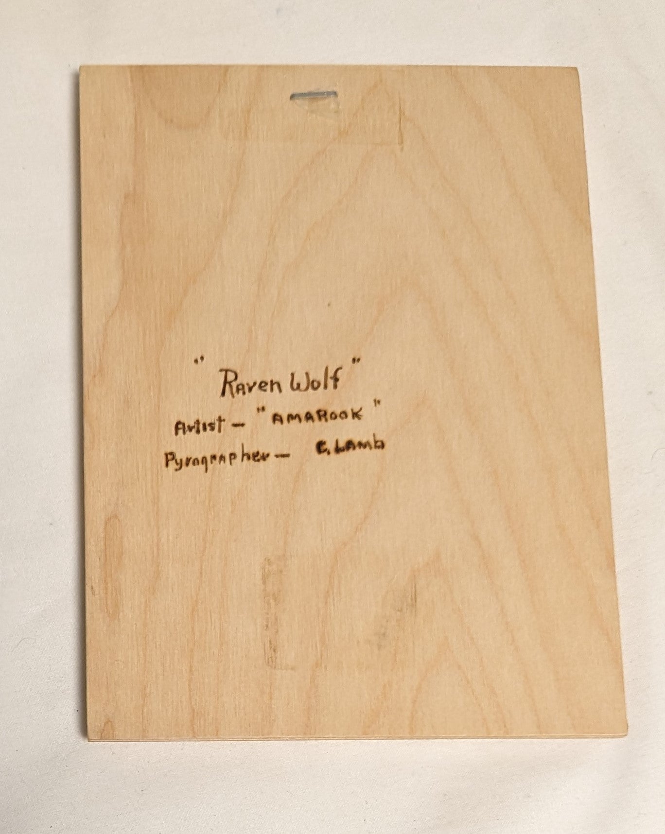 Art Handmade Pyrography on wood " Raven Wolf" Credited and signed