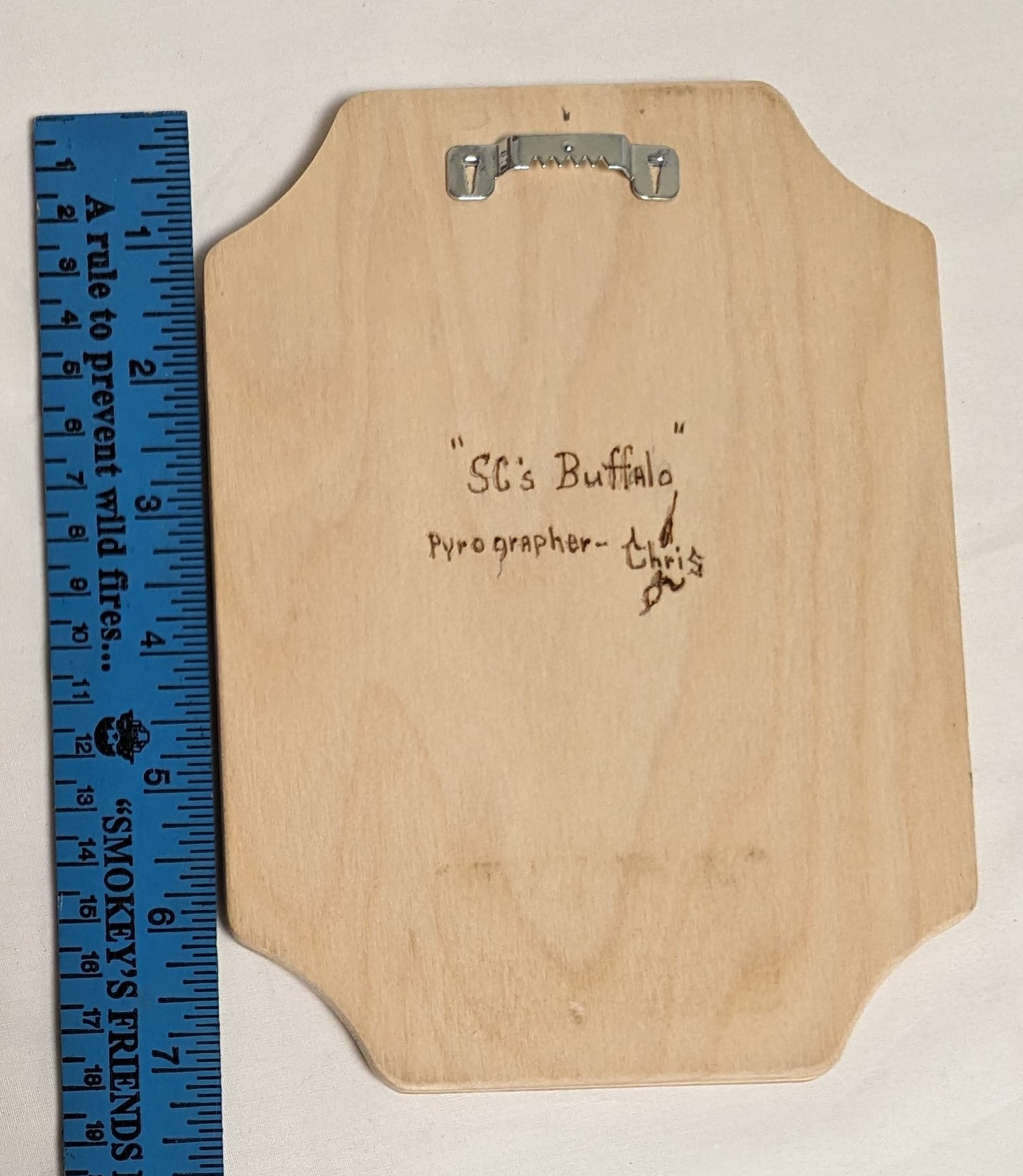 Art Pyrography on wood Buffalo Head credited and signed