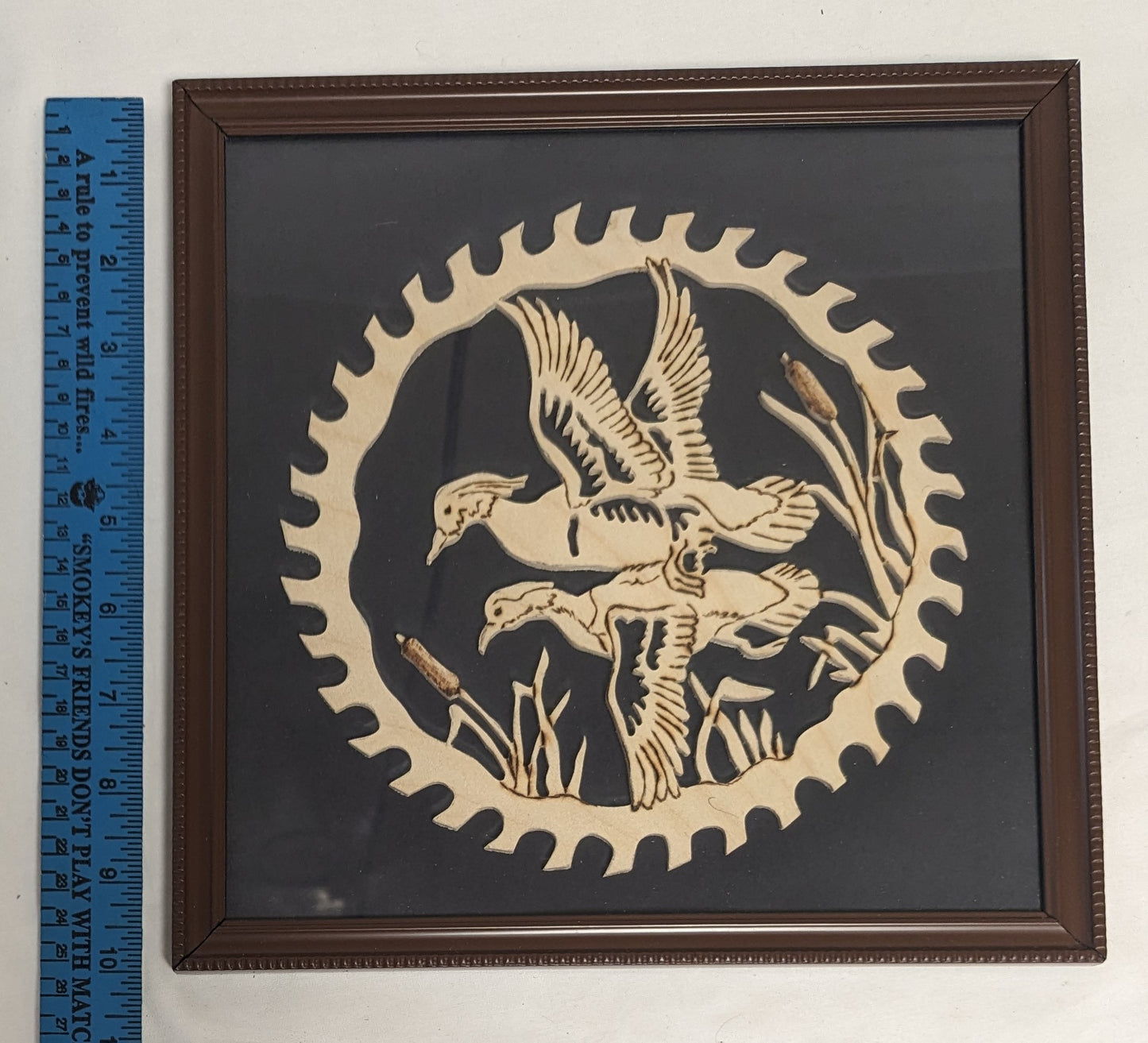 Art Hand Scroll Sawn Delicate "Ducks in Flight" Sawblade Emblem" in frame under glass