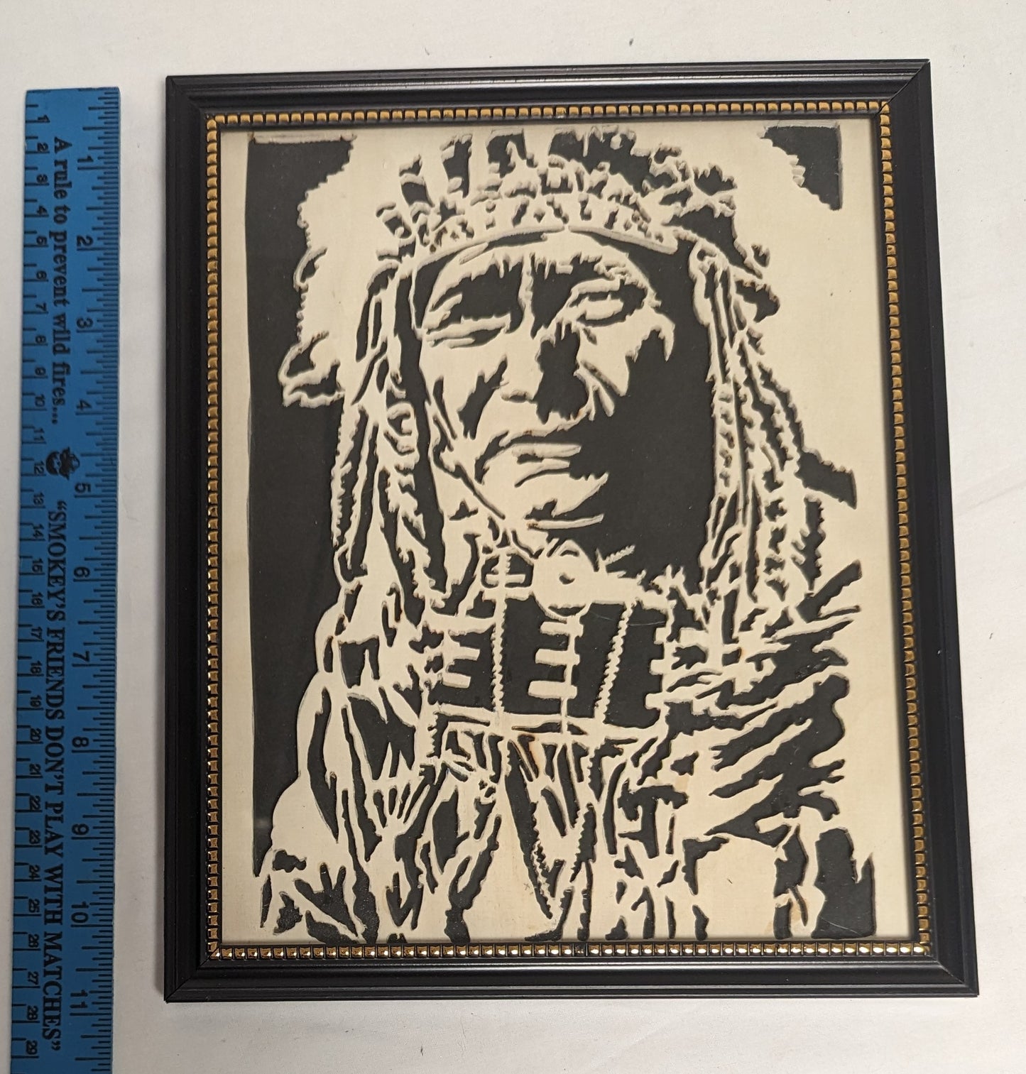 Art Hand Scroll Sawn Cut Out " Ghost Bear" Portait in frame under glass Credited and Autographed