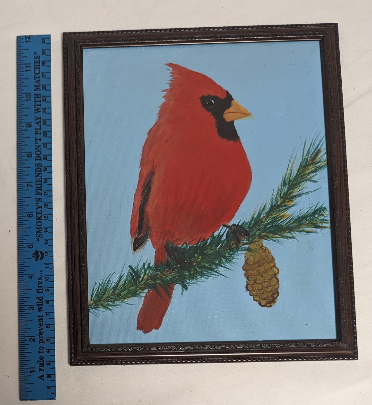 Art Handmade Painting on Canvas Board " Cardinal" in frame under glass