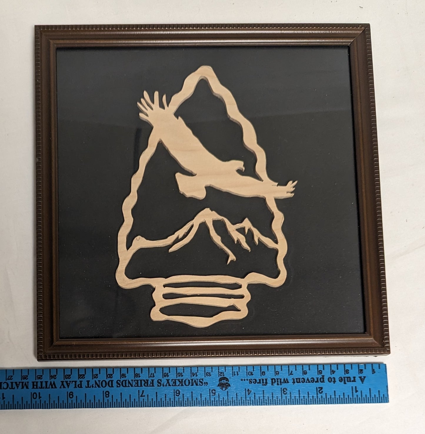 Art Handmade Scroll Saw Emblem on wood " Eagle Soaring on Arrowhead" in frame under glass