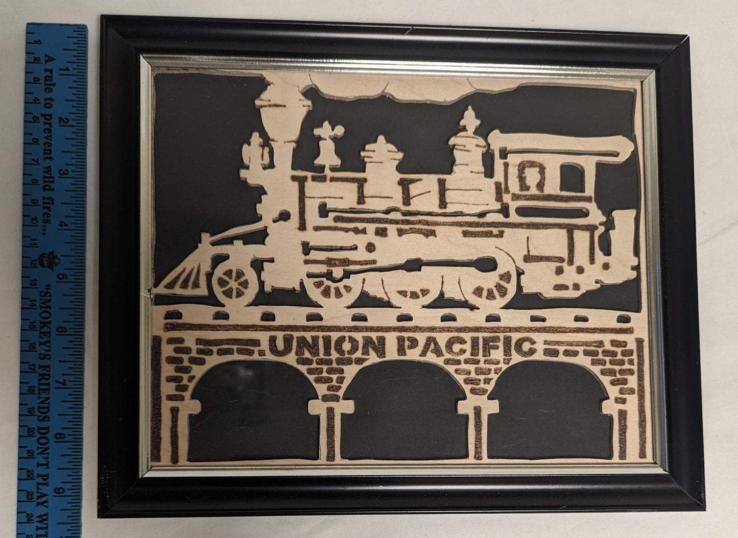 Art Handmade Scroll Saw Pyrography on wood " SteamTrain Union Pacific" in frame under glass