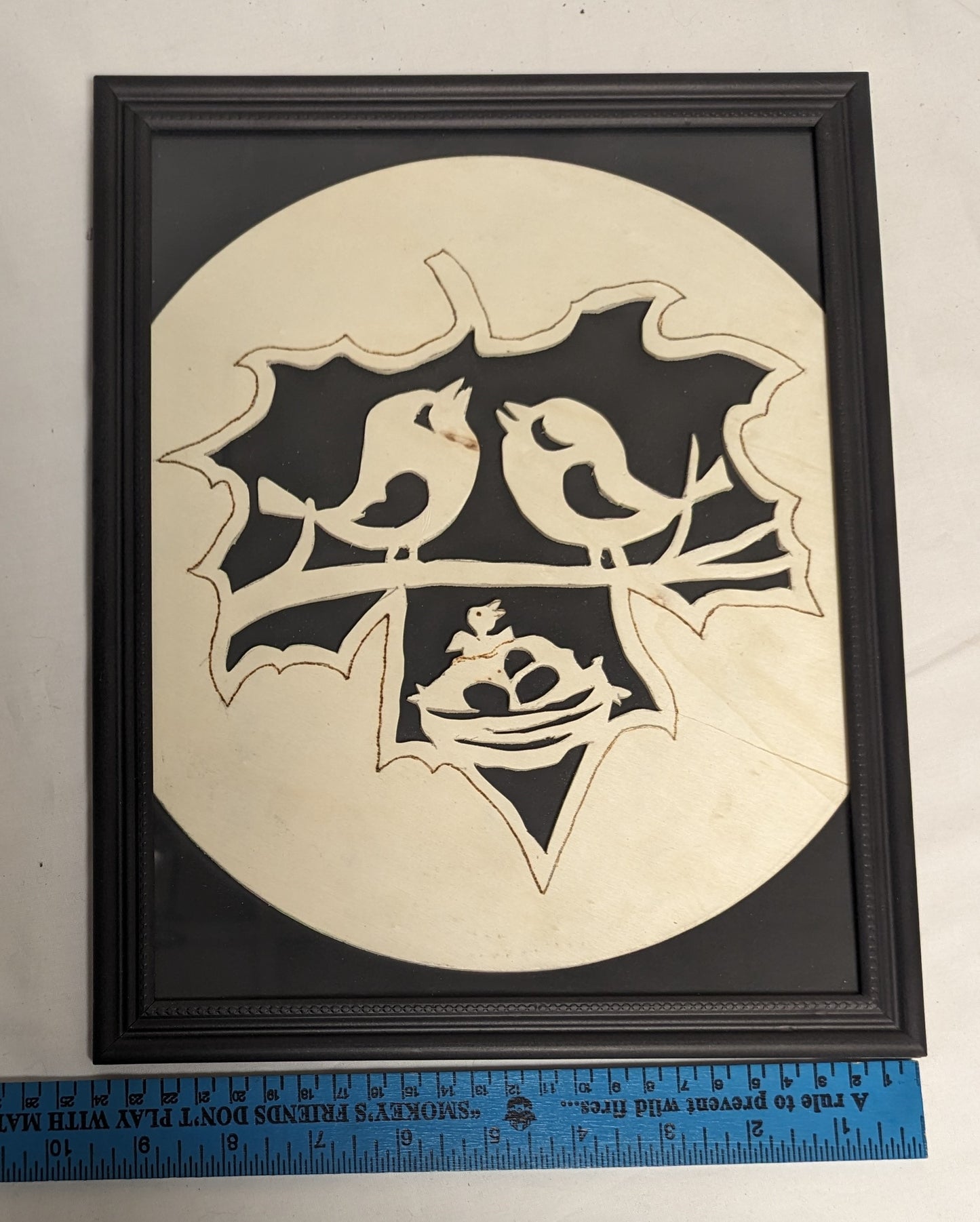 Art Handmade Scroll Sawn Pyrography on wood " Cute Love Birds on Branch" in frame under glass