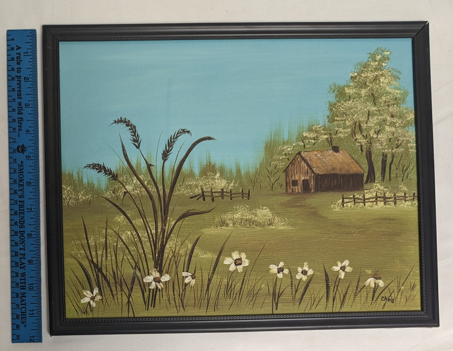 Art Handmade Painting on canvas board " Cabin with spring fence" in frame under glass