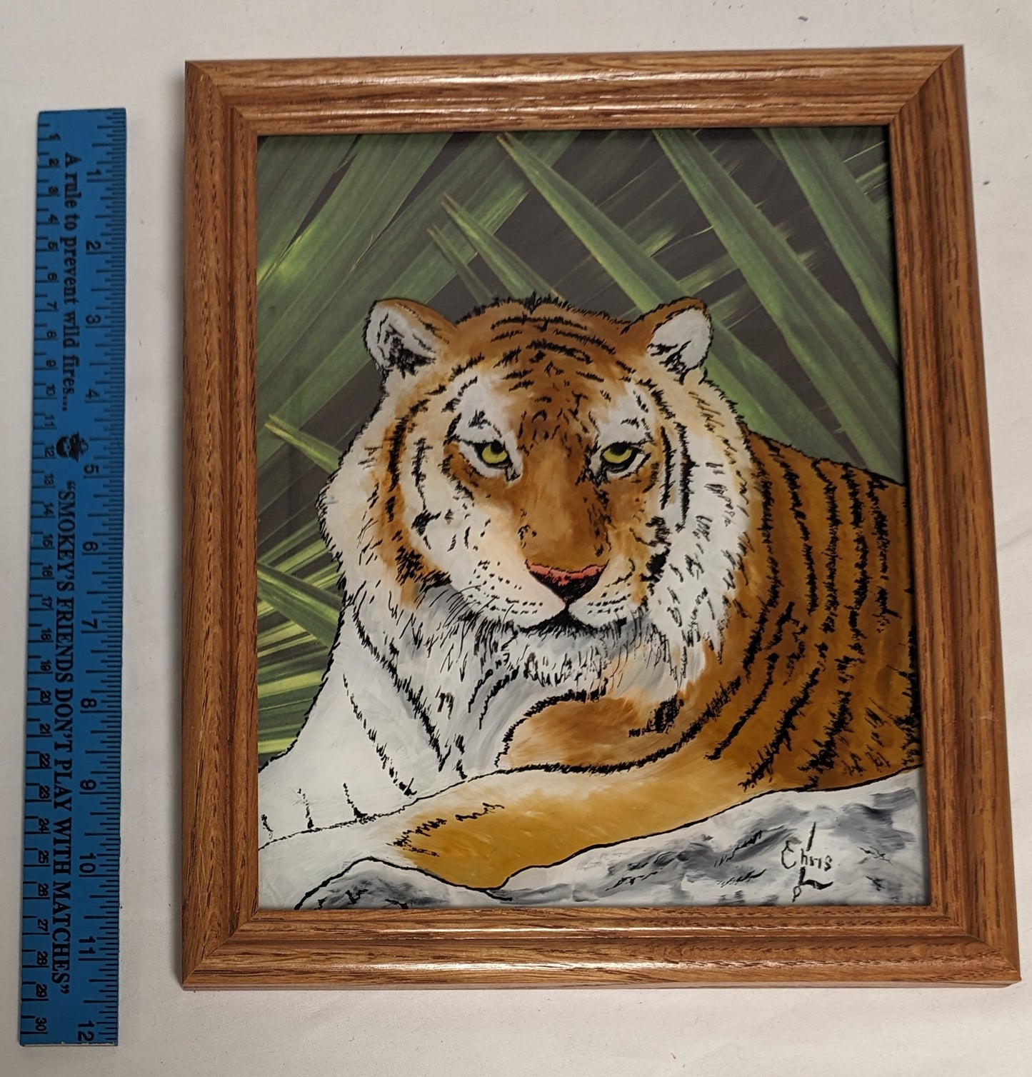 Art By Hand Painted on glass backward " Tiger " over palm background photo in frame under glass