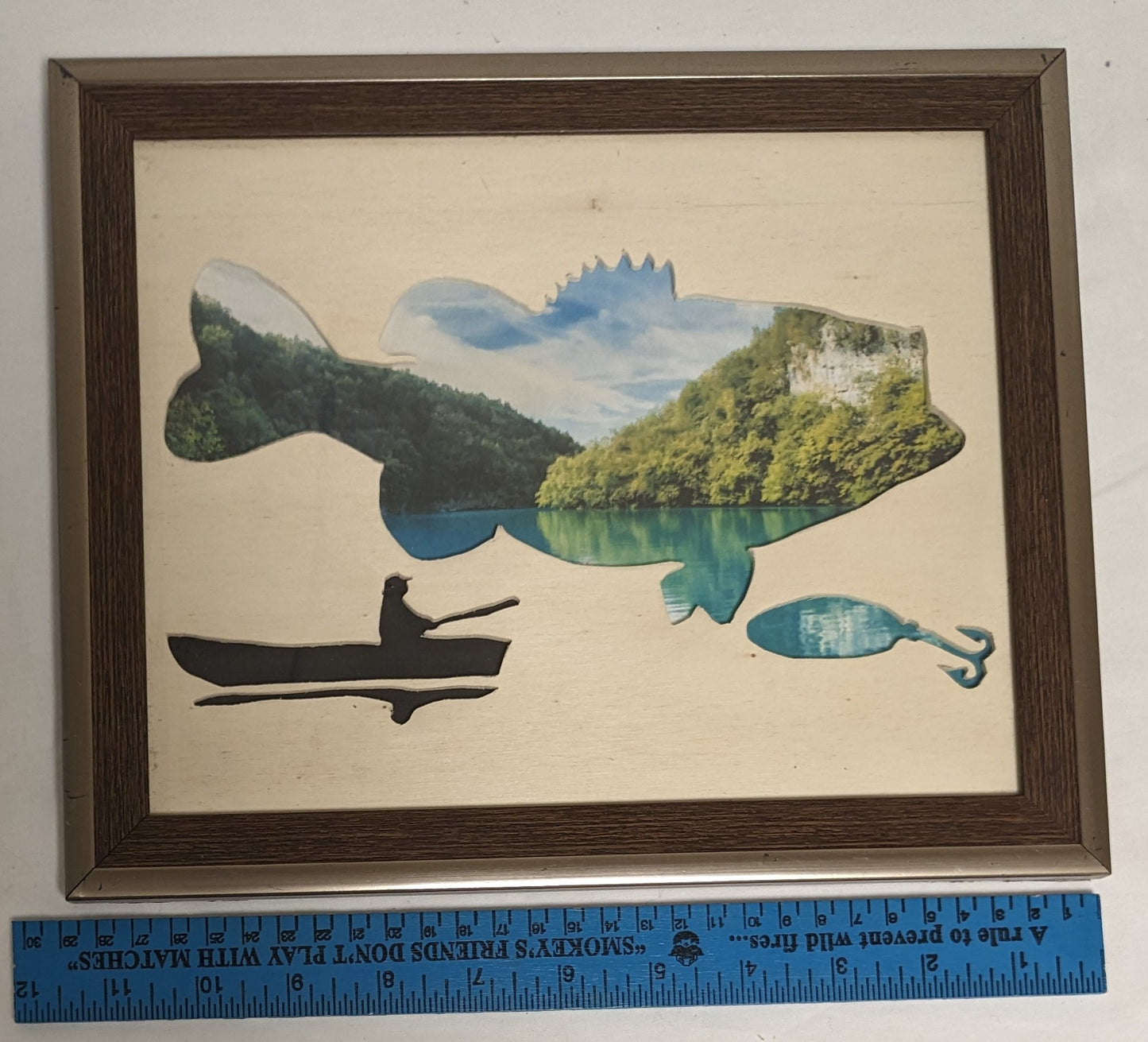 Art By Hand Mixed media Scroll Sawn " Boat on Water " over photograph shoreside background photo in frame under glass