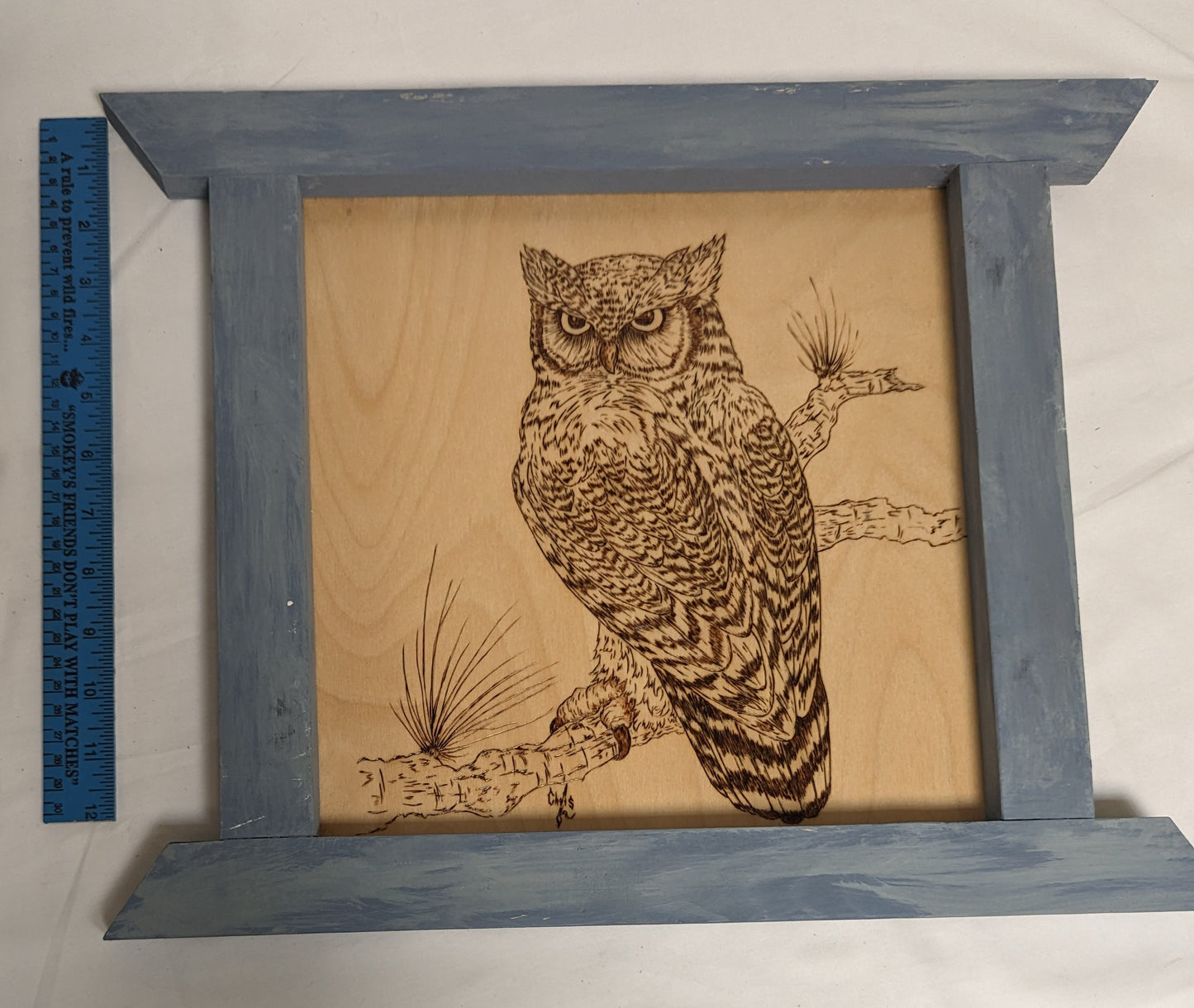 Art HandMade Pyrography on wood in custom Frame ' Owl On Branch" 2/3 Credited and autographed