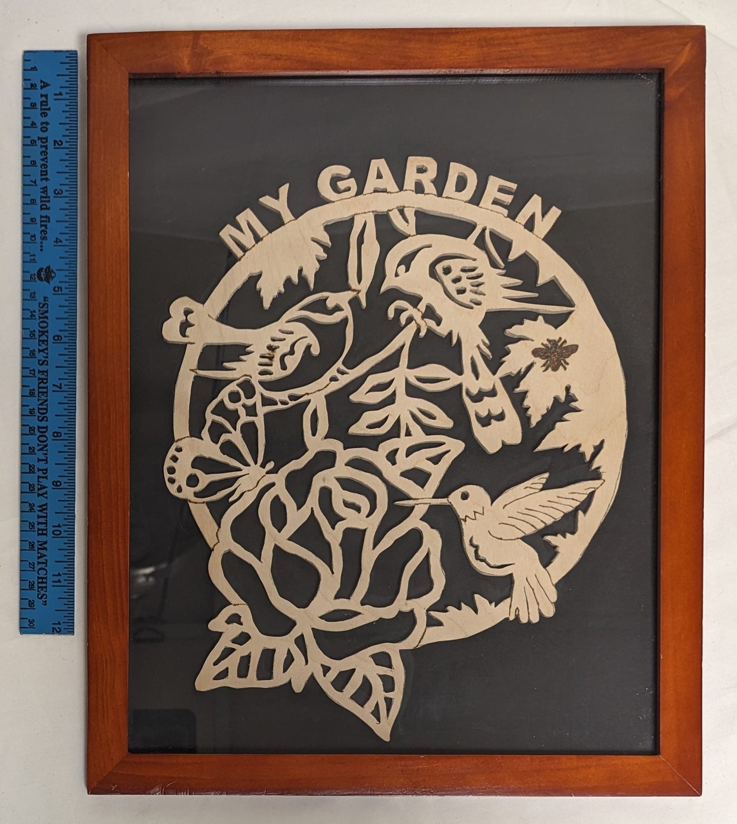 Art Hand Made Scroll Sawn Cutout on wood "Three Little Birds" My Garden in frame under glass