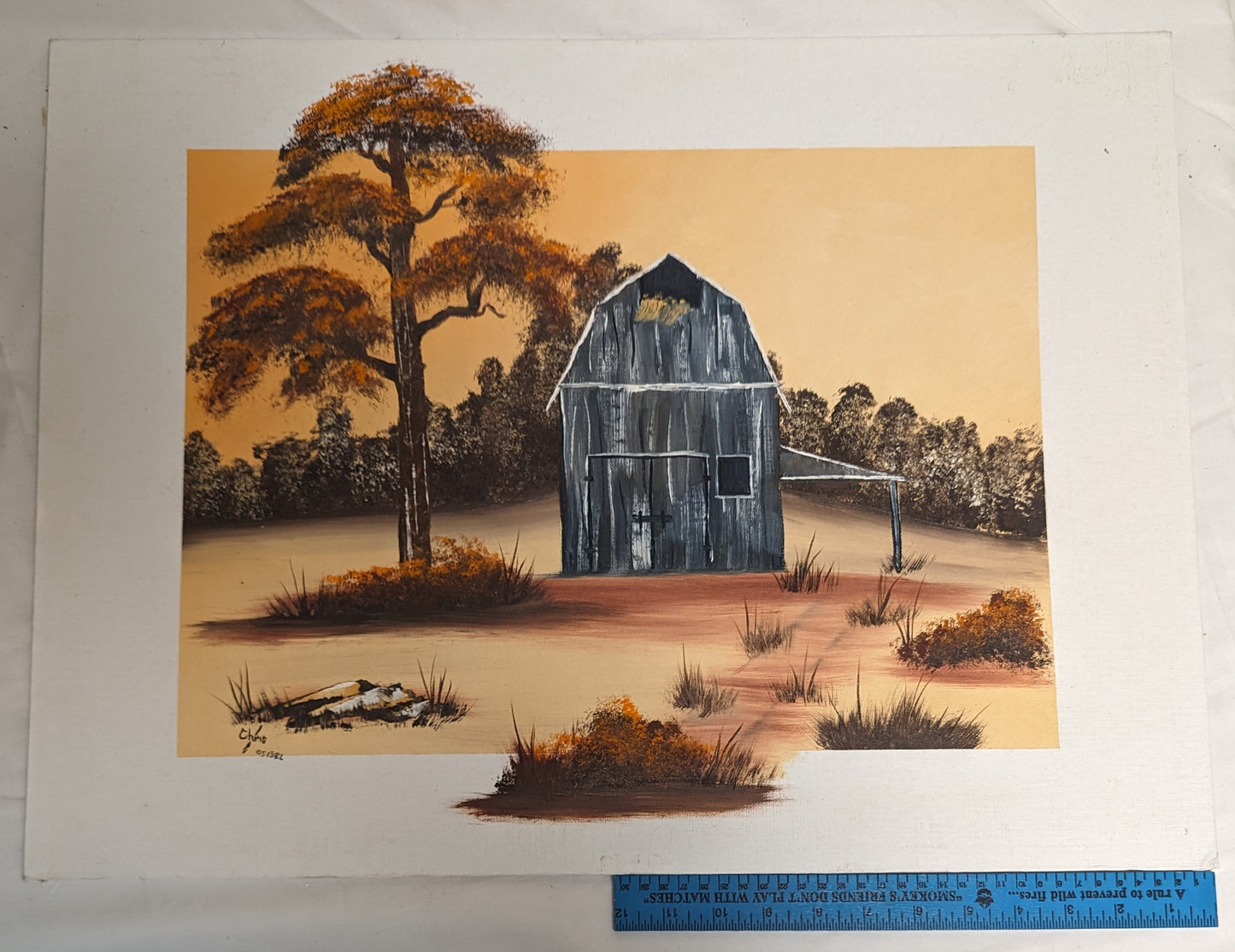 Art Vintage Hand Painted on Canvas Board " Barn Scene' Autographed and dated