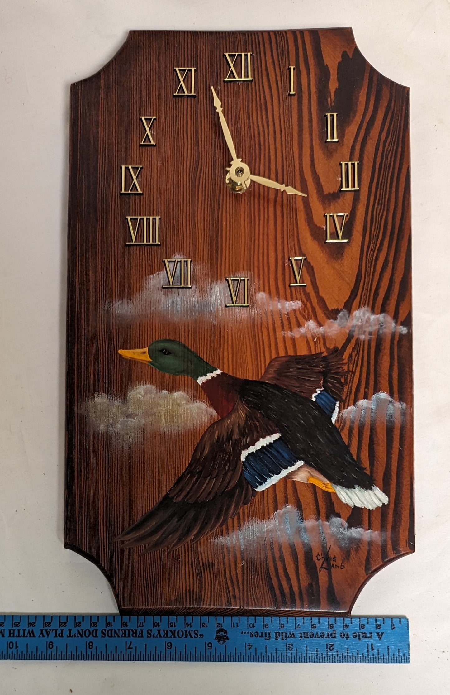 Art Vintage Hand Painted on Wood Clock " Mallard Duck in Flight"' Autographed