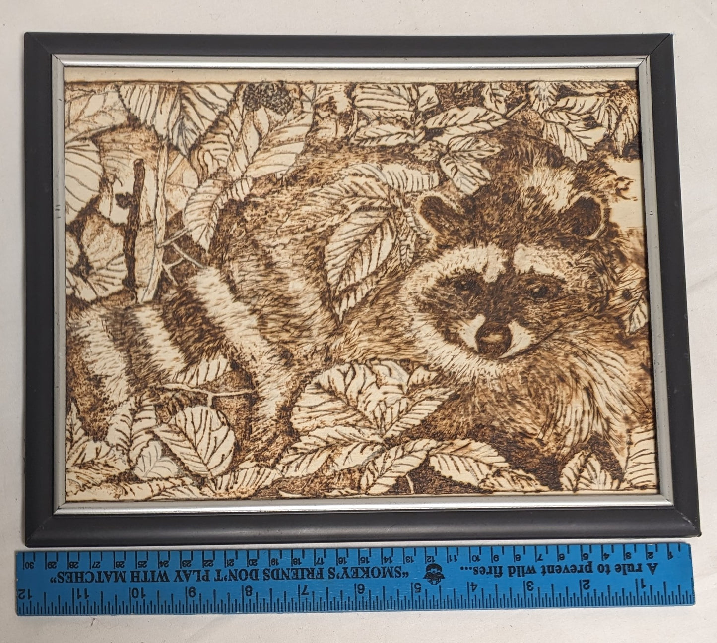 Art Vintage Rare Pyrography Burned in wood " Racoon " in frame under glass `