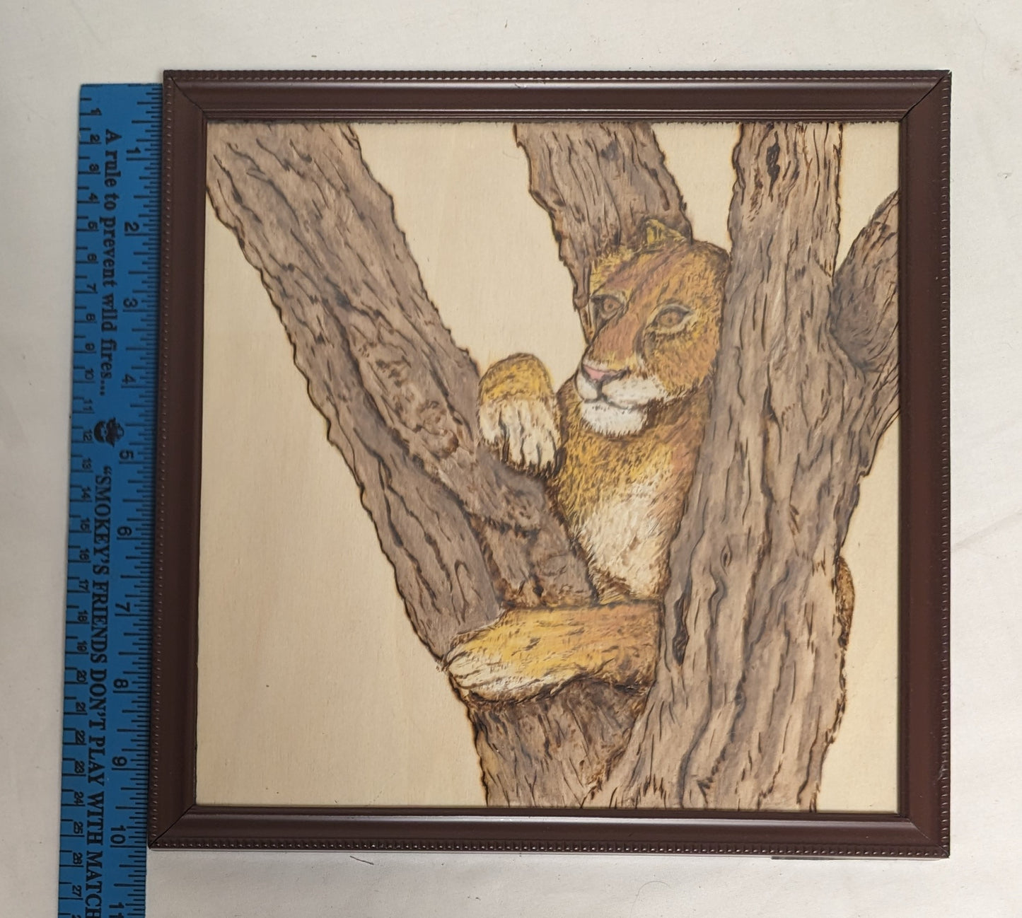 Art Vintage Rare Hand Pyrography colored on wood " Lion in tree " in frame under glass `