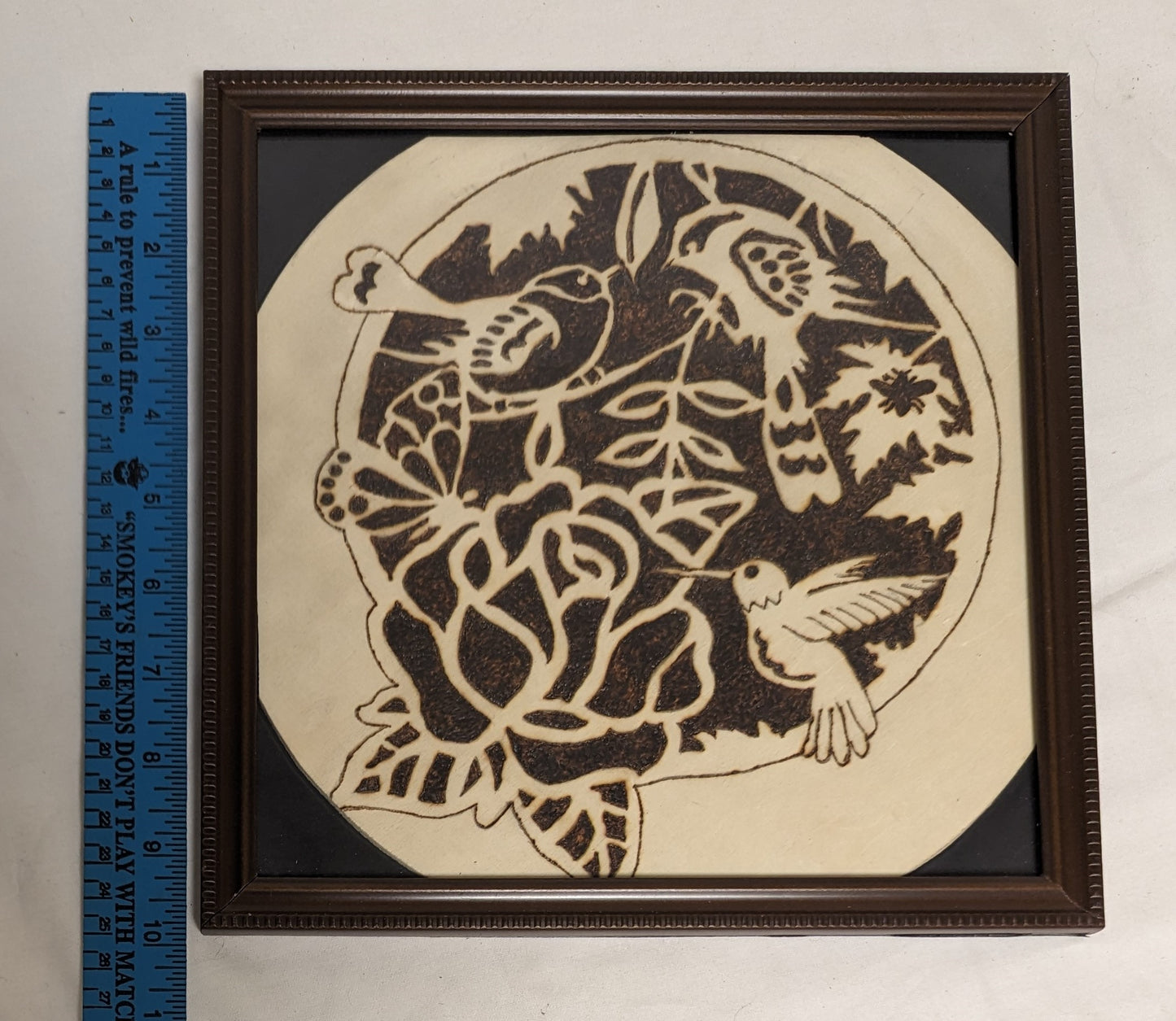 Art Vintage Handmade Pyrography Emblem on wood " Three Little Birds in Rose" in frame under glass