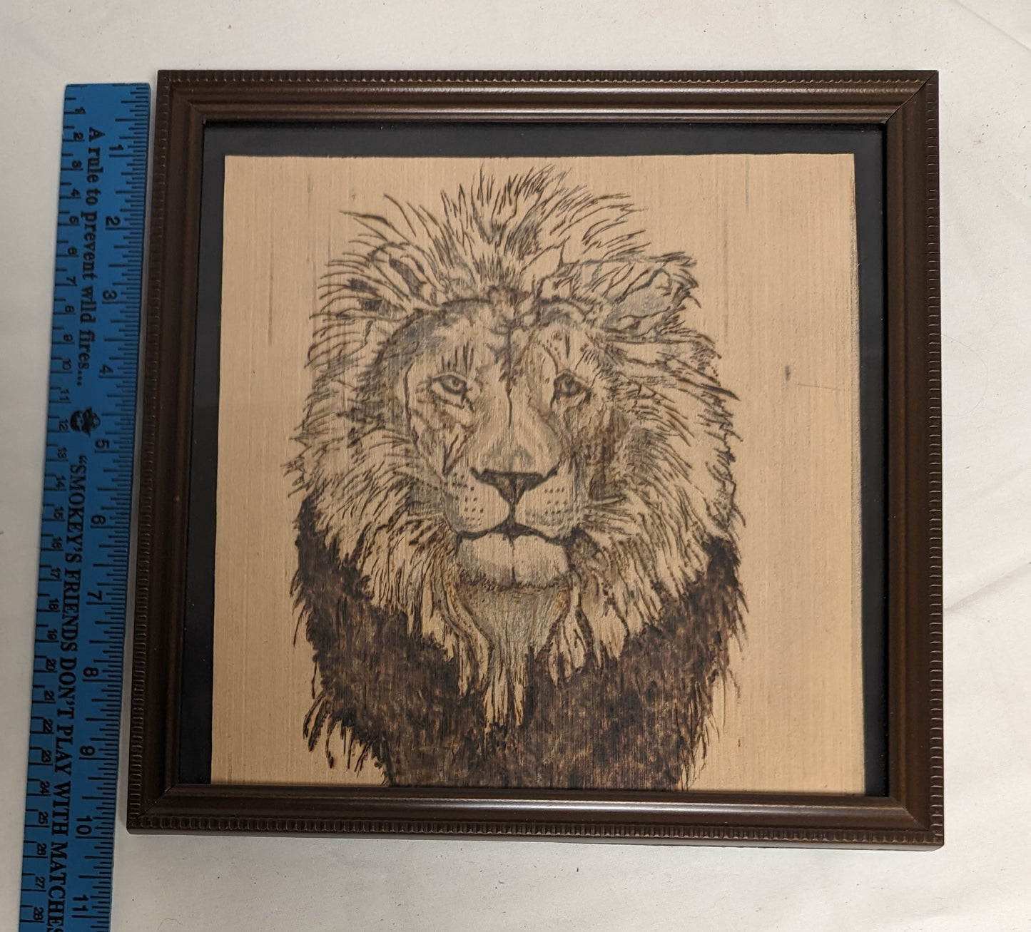 Art Vintage Handmade Pyrography Portrait on wood " Old Lion" in frame under glass