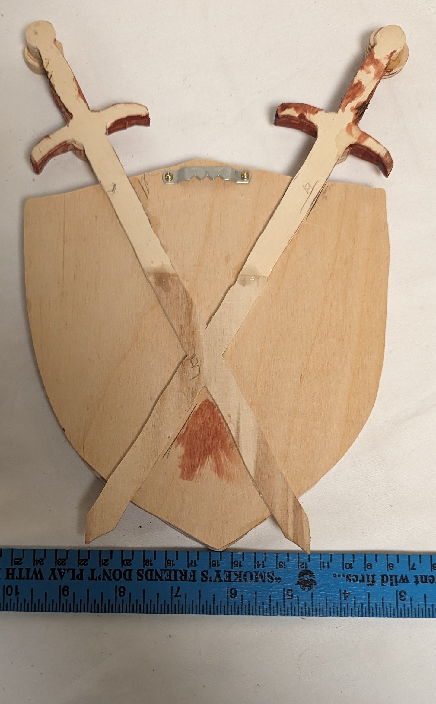 Art Handmade scroll sawn Pyrography on wood "Lionhead Arms" swords and sheild wall hanging