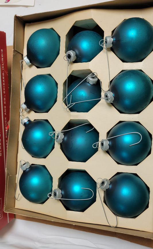 12 Vintage Rare Sears Blue Matte Finish Glass Christmas tree Ornaments in original box Christmas Decorations