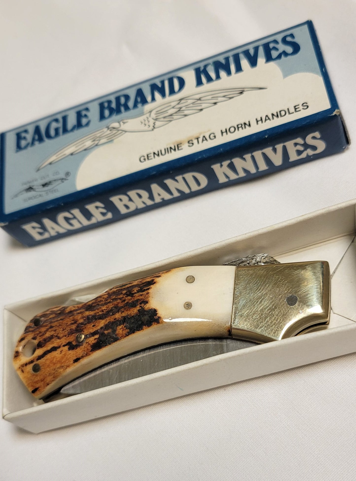 Pocket Knife New with Box Eagle Brand Blade Engraved, Genuine Stag Horn Handle