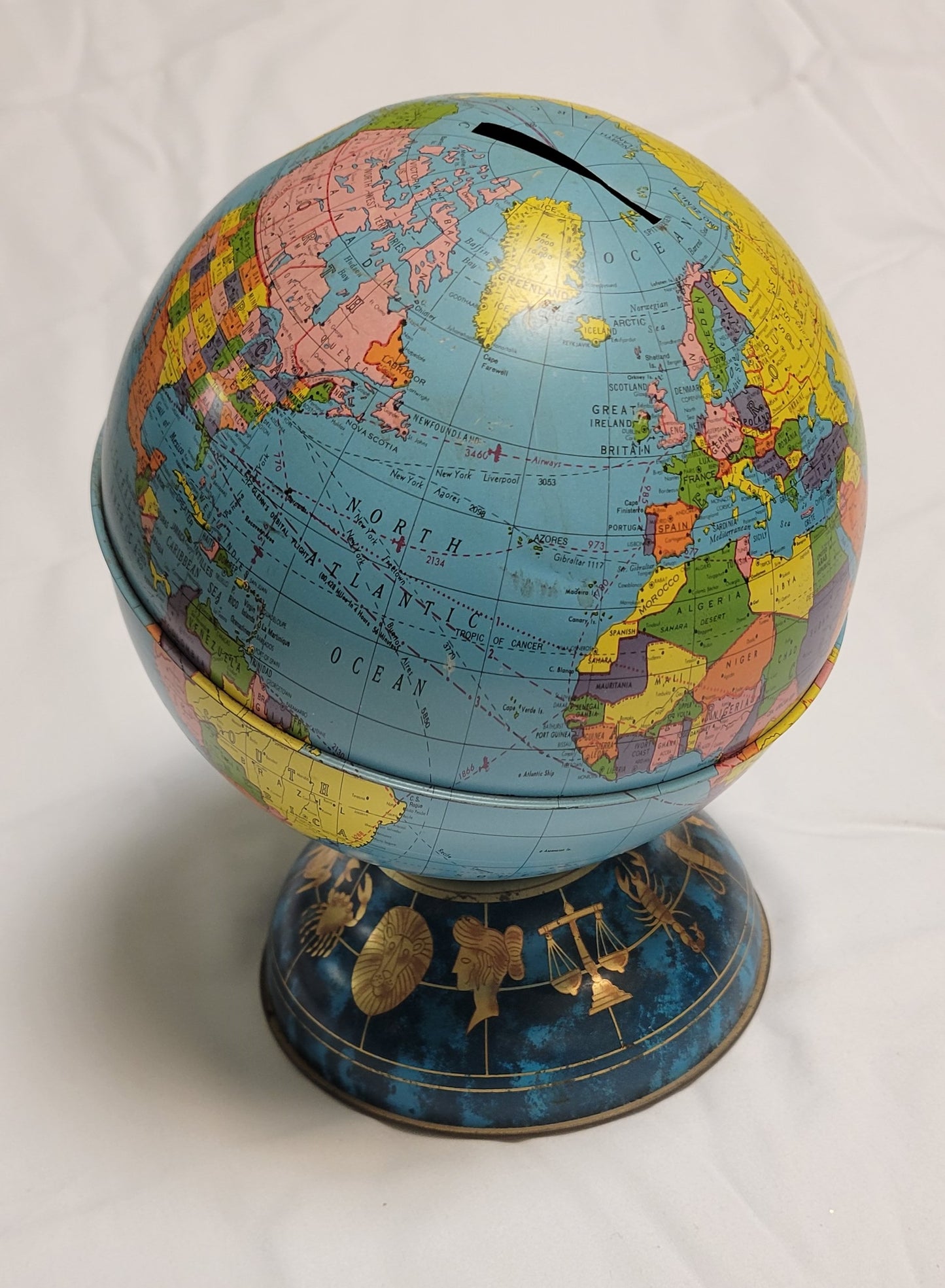Globe World Atlas Piggy Bank, Metal Ohio Art Brand,  Base with Zodiac signs