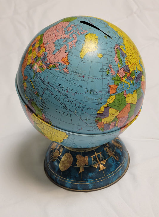 Globe World Atlas Piggy Bank, Metal Ohio Art Brand,  Base with Zodiac signs