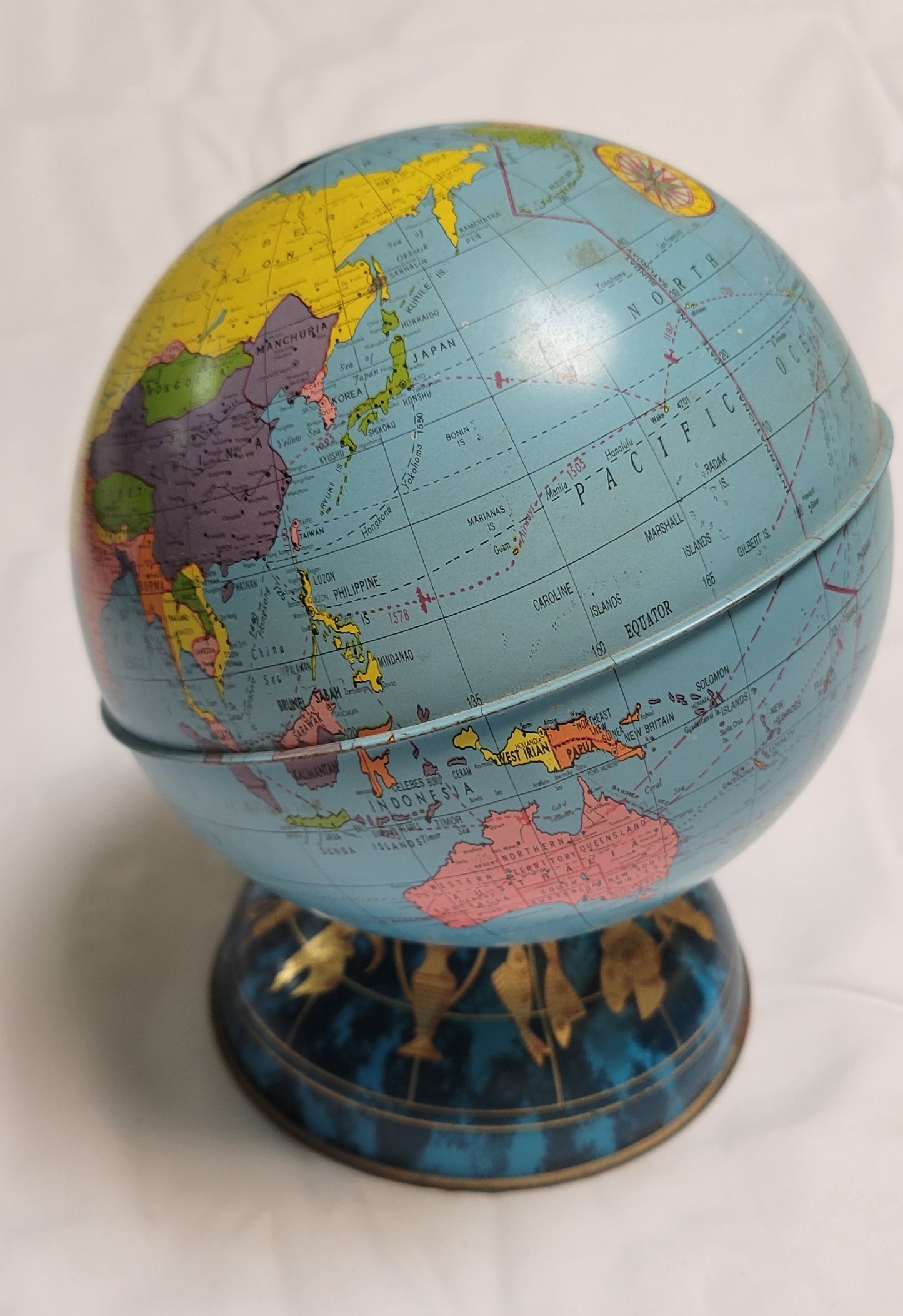 Globe World Atlas Piggy Bank, Metal Ohio Art Brand,  Base with Zodiac signs