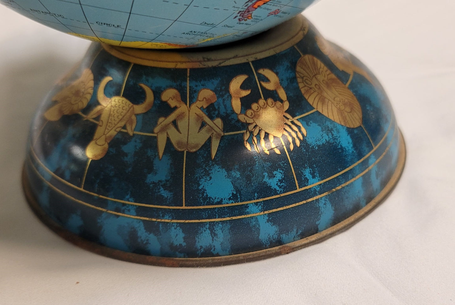 Globe World Atlas Piggy Bank, Metal Ohio Art Brand,  Base with Zodiac signs